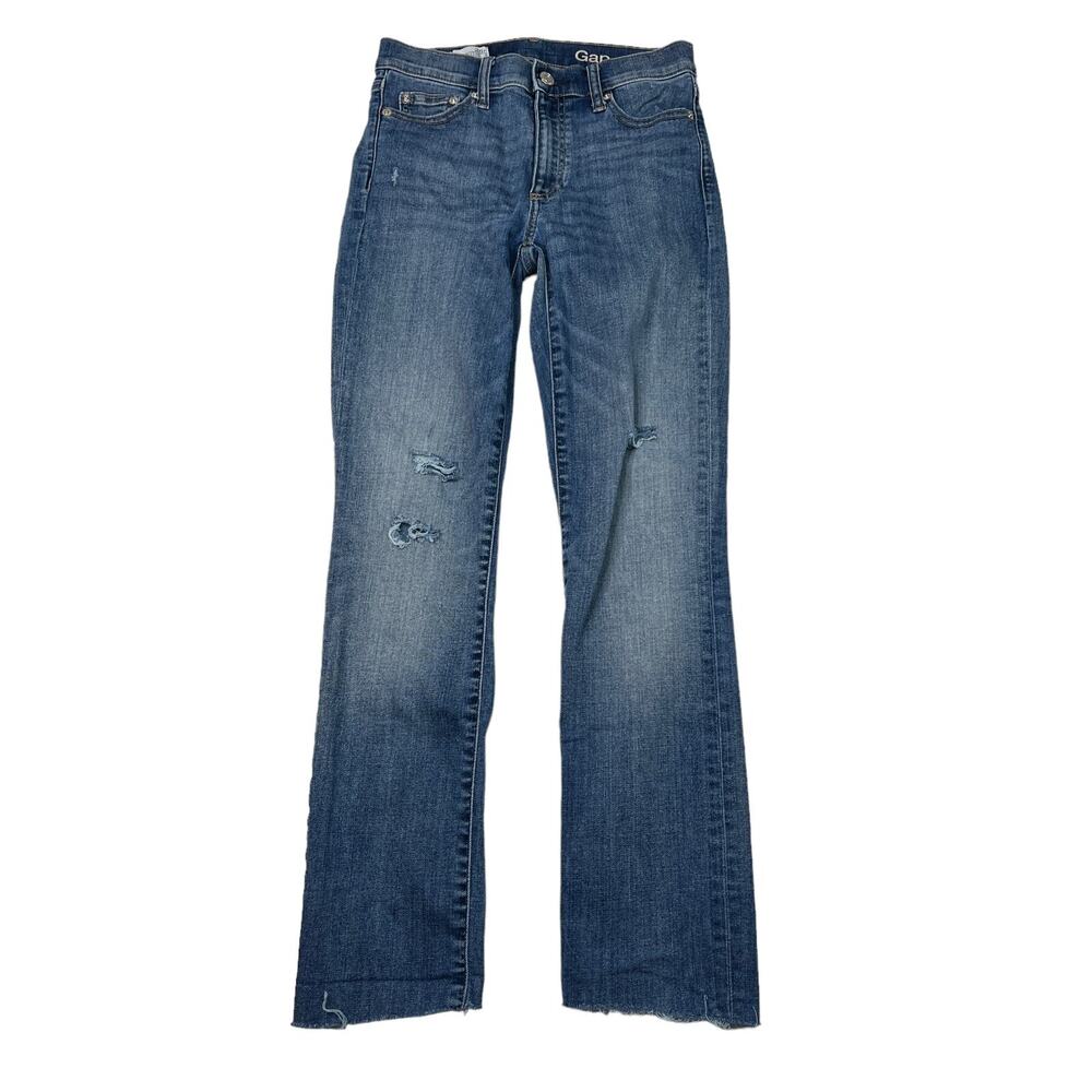 GAP Resolution Slim Straight Jeans Distressed Raw Hem Denim Stretch Womens 25R